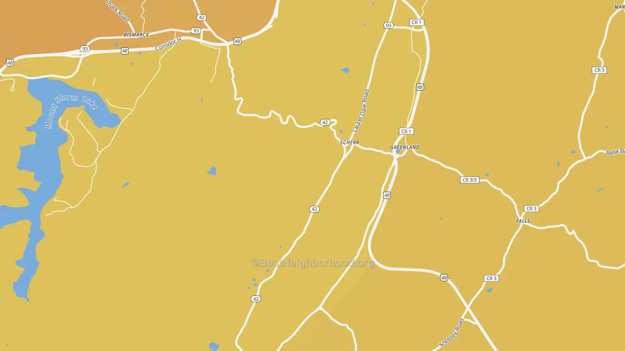 Map of the best neighborhoods in the Scherr area, with better matches in green and worse matches in red