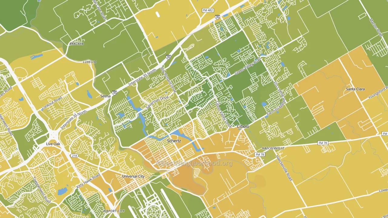 Map of the best neighborhoods in the Schertz area, with better matches in green and worse matches in red