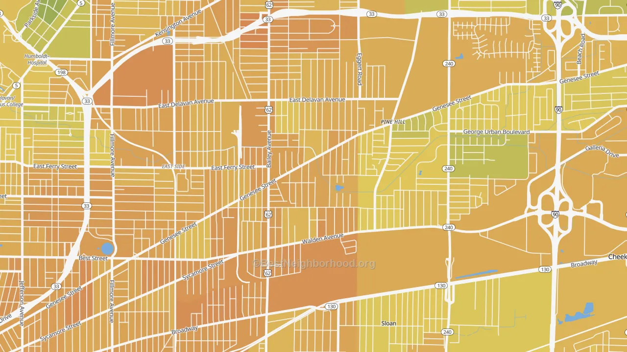 Map of the best neighborhoods in the Schiller Park, Buffalo area, with better matches in green and worse matches in red