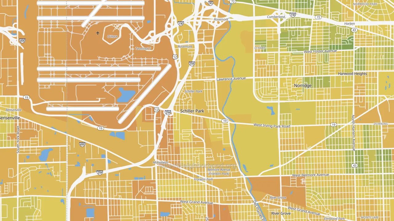Map of the best neighborhoods in the Schiller Park area, with better matches in green and worse matches in red