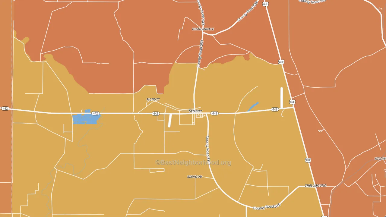 Map of the best neighborhoods in the Schlater area, with better matches in green and worse matches in red