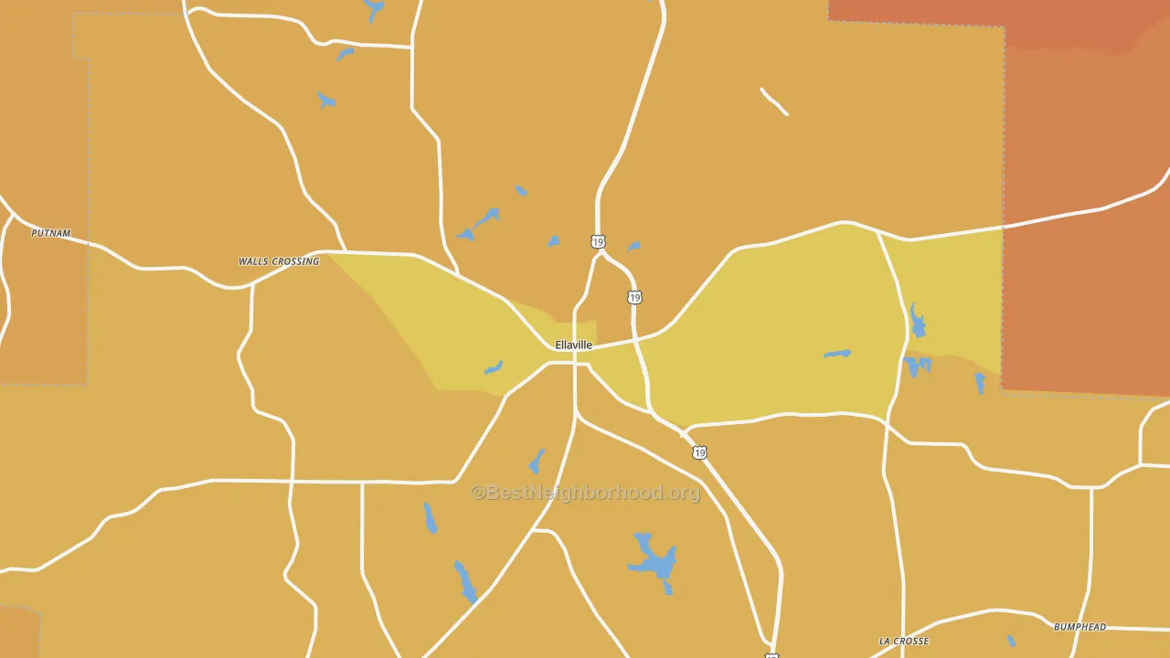 Map of the best neighborhoods in the Schley County area, with better matches in green and worse matches in red