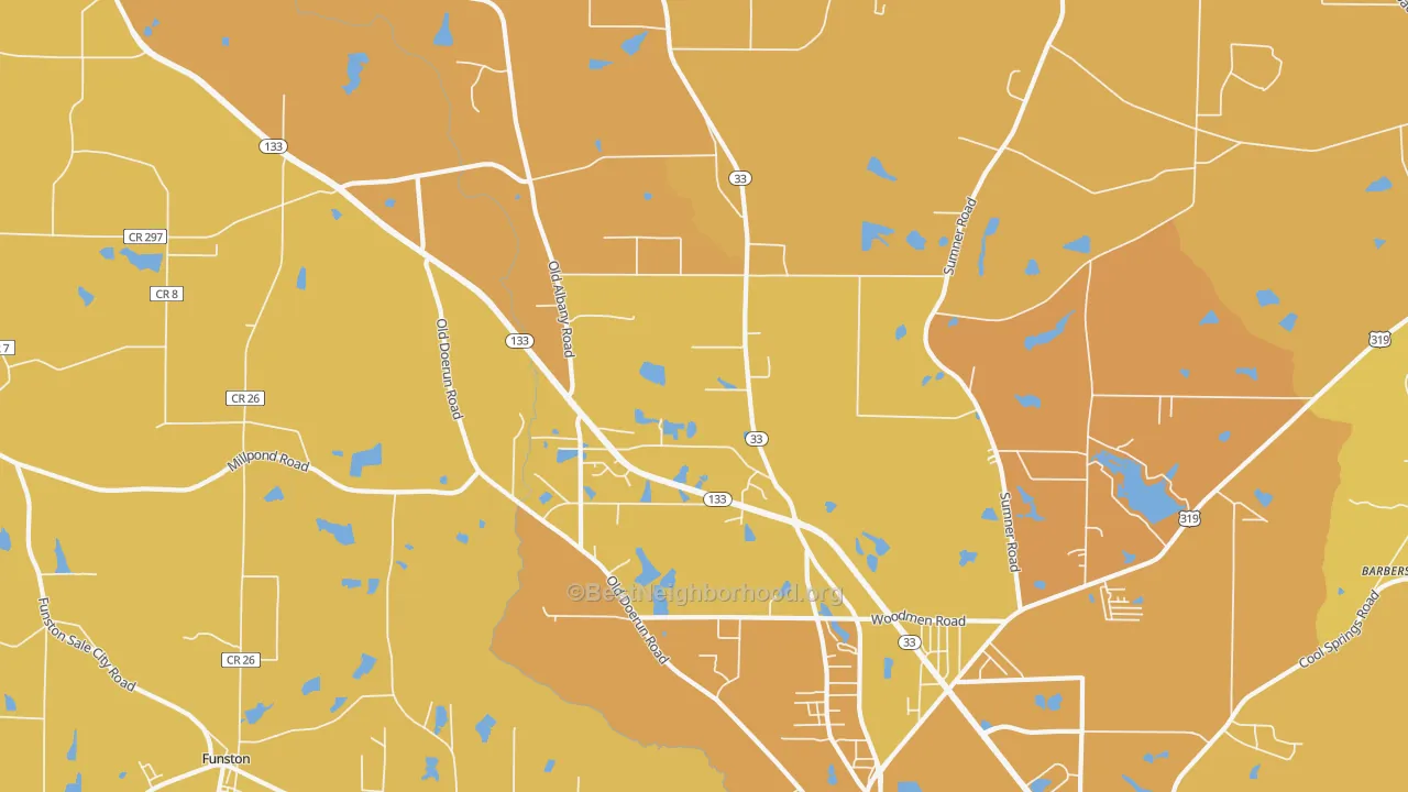 Map of the best neighborhoods in the Schley area, with better matches in green and worse matches in red