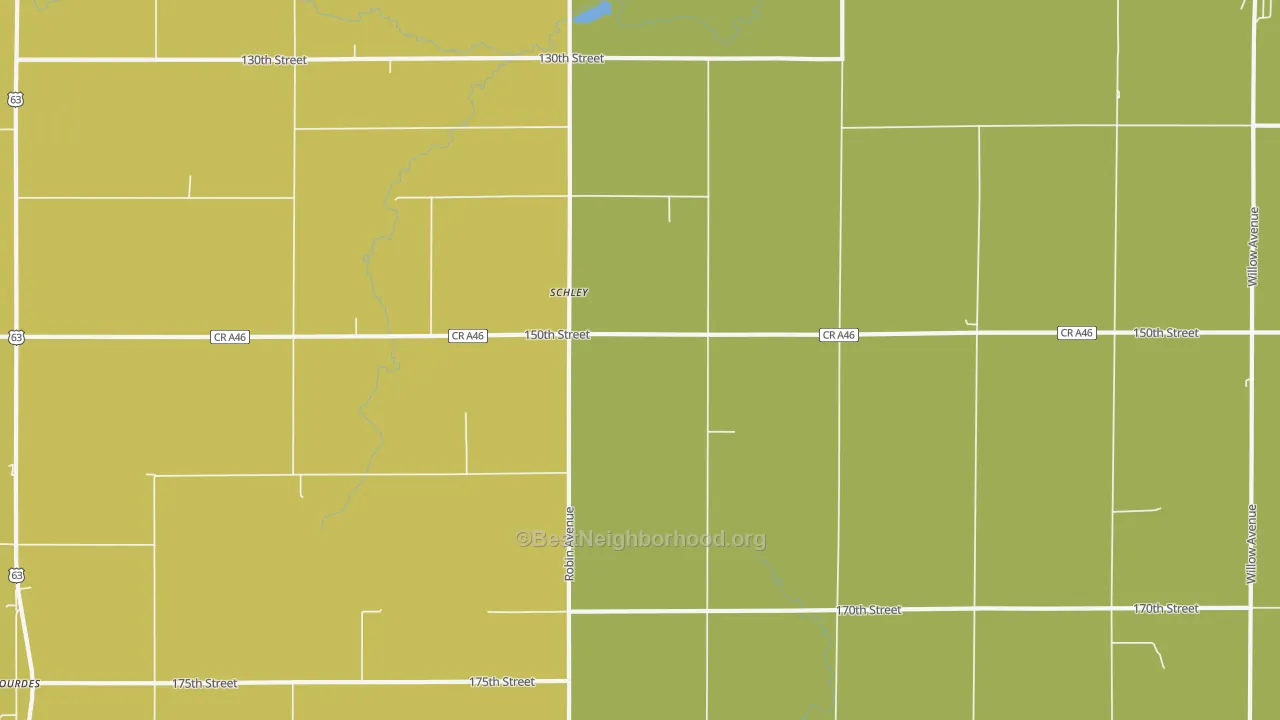 Map of the best neighborhoods in the Schley area, with better matches in green and worse matches in red