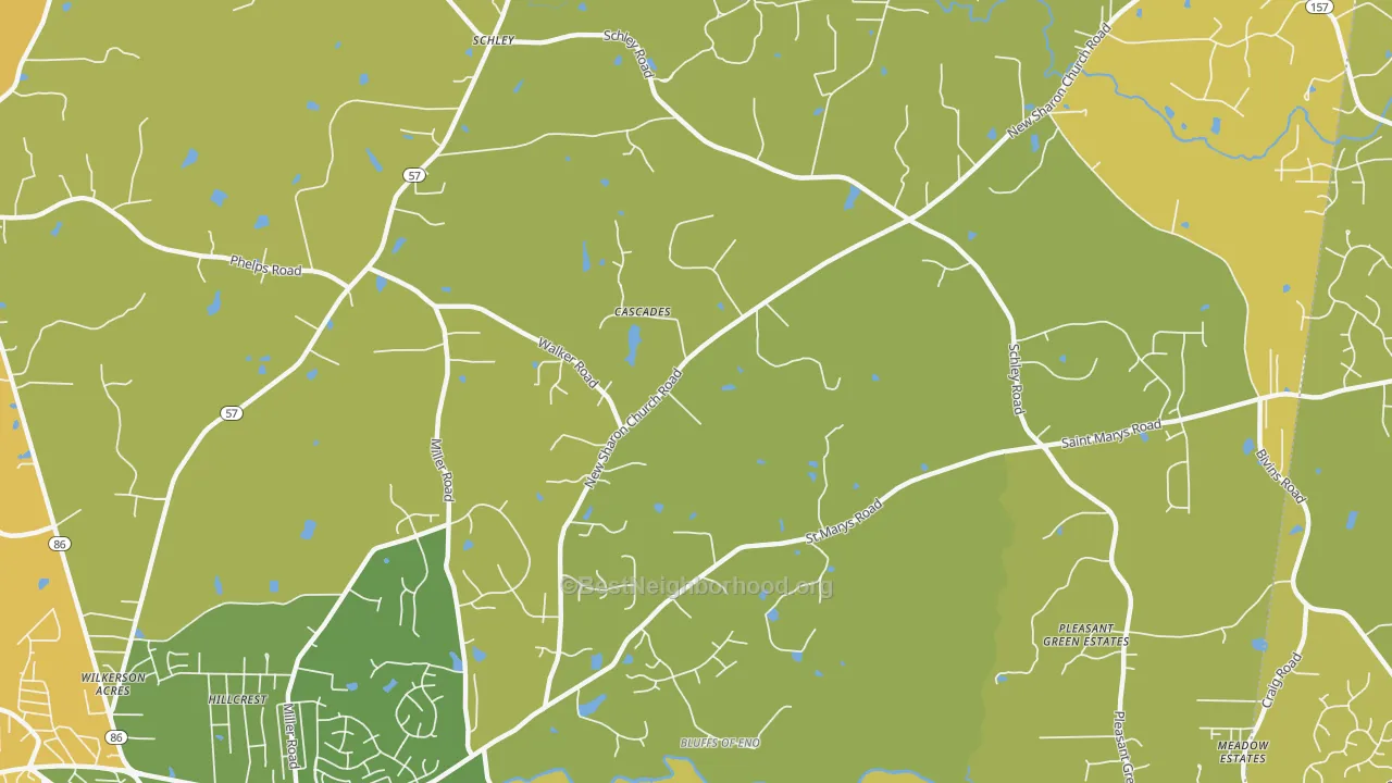 Map of the best neighborhoods in the Schley area, with better matches in green and worse matches in red