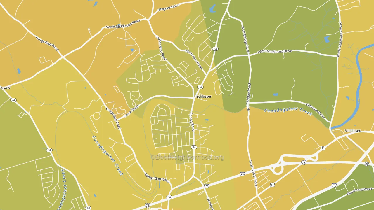 Map of the best neighborhoods in the Schlusser area, with better matches in green and worse matches in red