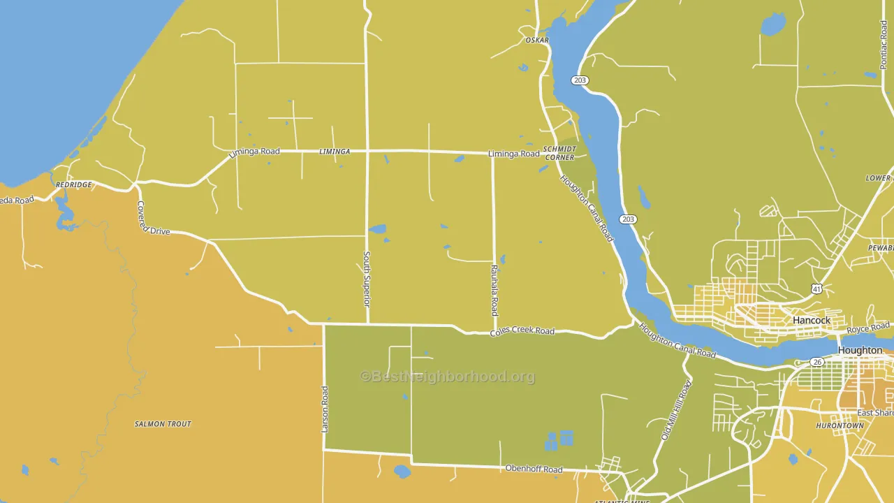 Map of the best neighborhoods in the Schmidt Corner area, with better matches in green and worse matches in red