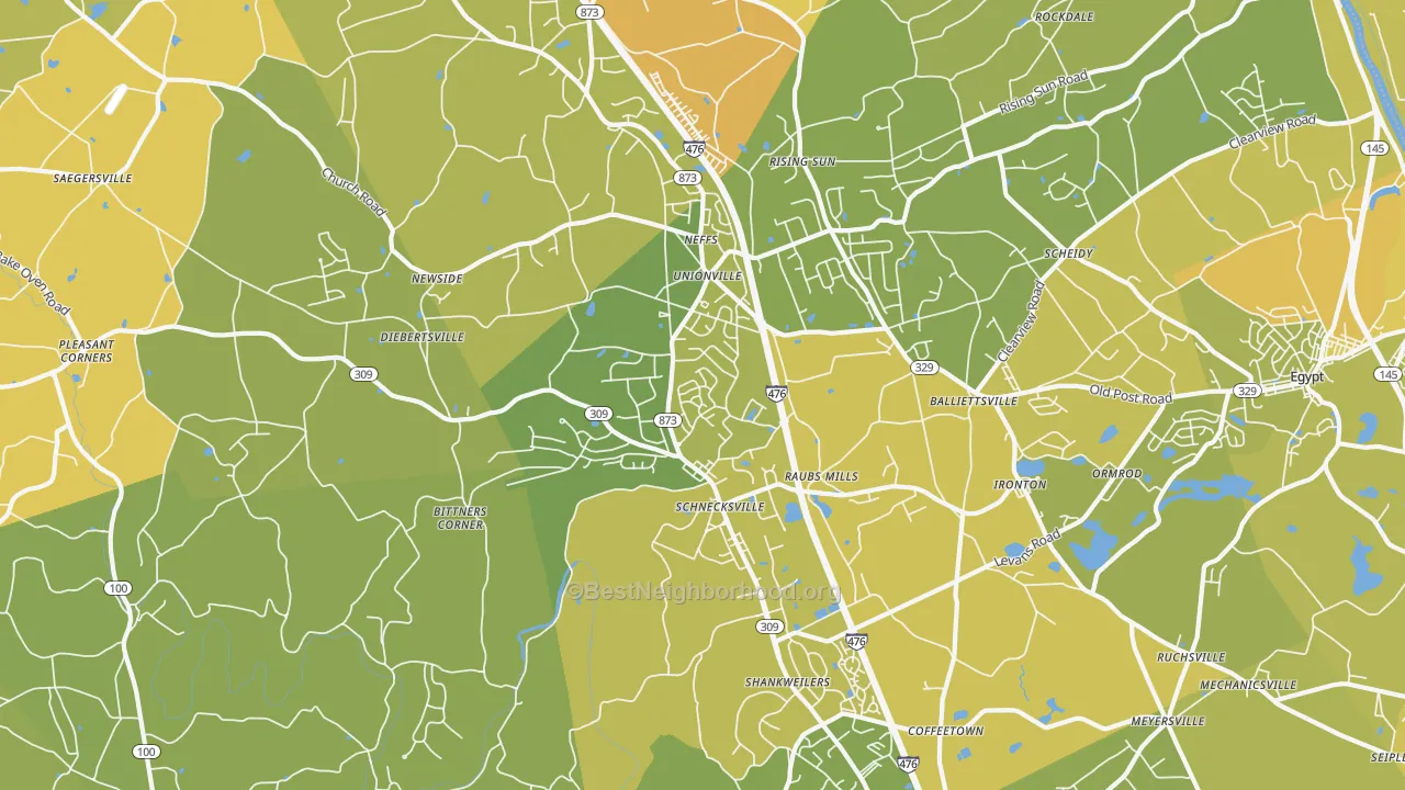 Map of the best neighborhoods in the Schnecksville area, with better matches in green and worse matches in red