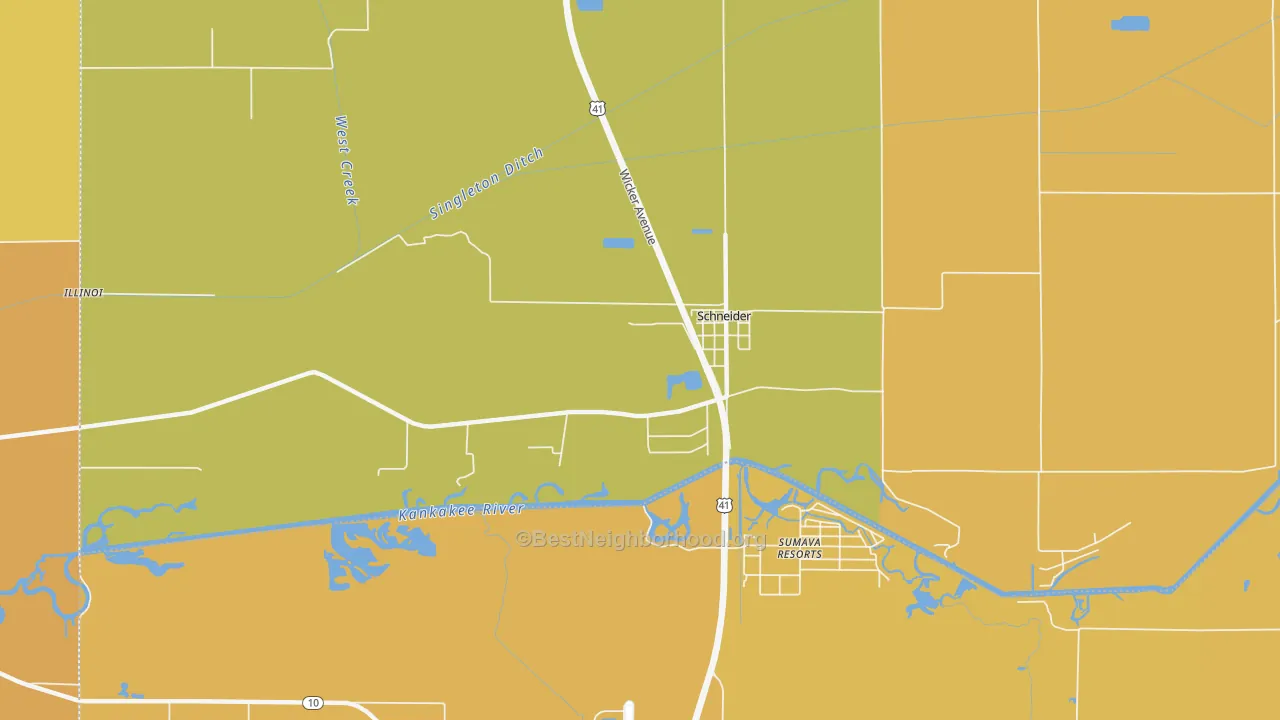 Map of the best neighborhoods in the Schneider area, with better matches in green and worse matches in red