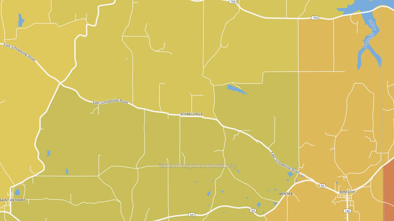 Map of the best neighborhoods in the Schnellville area, with better matches in green and worse matches in red
