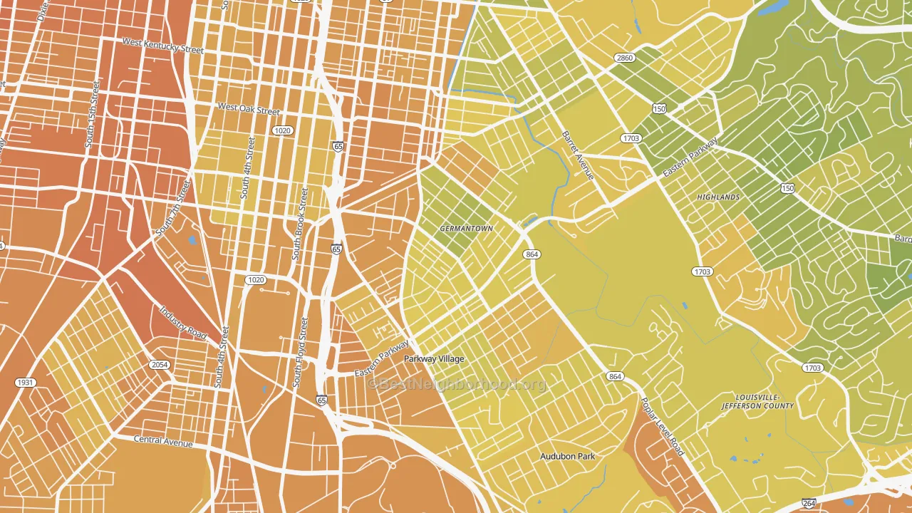 Map of the best neighborhoods in the Schnitzelburg, Louisville area, with better matches in green and worse matches in red