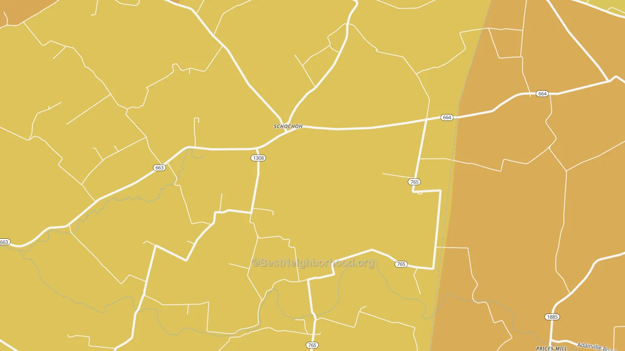 Map of the best neighborhoods in the Schochoh area, with better matches in green and worse matches in red