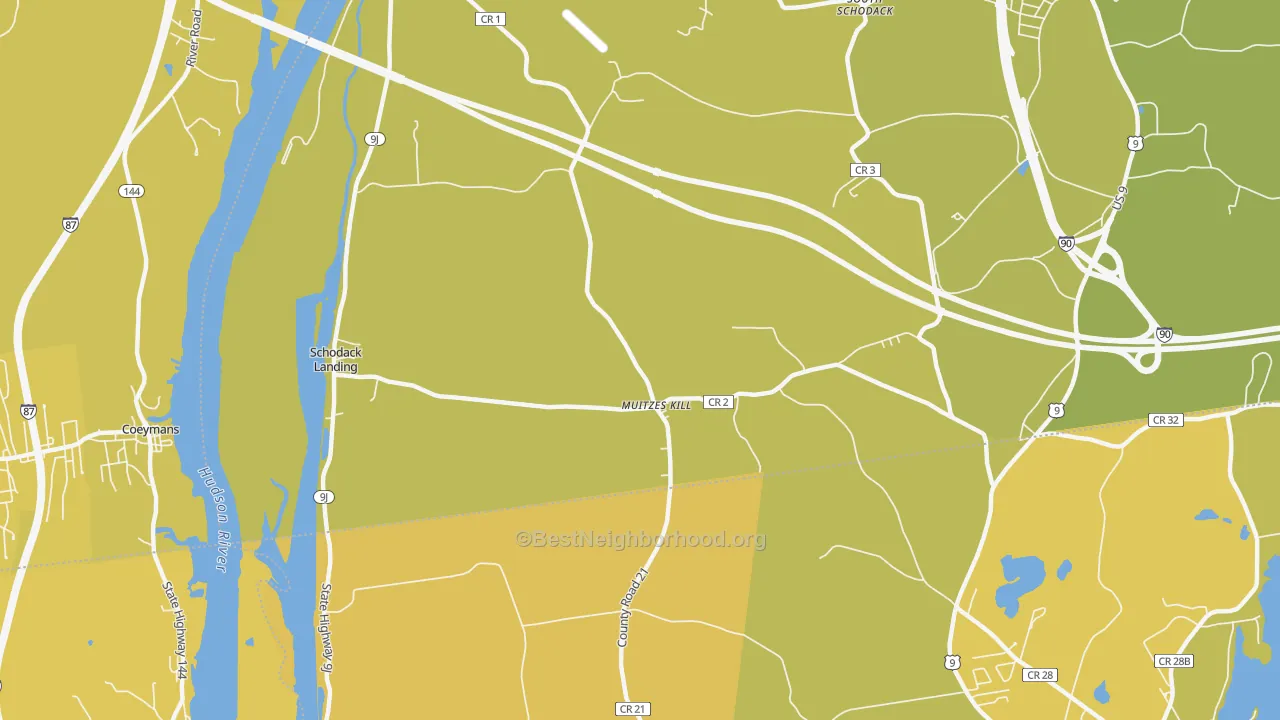 Map of the best neighborhoods in the Schodack Landing area, with better matches in green and worse matches in red
