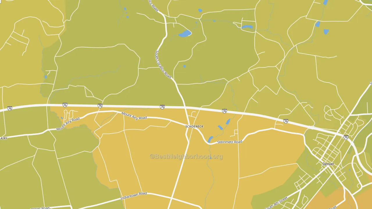 Map of the best neighborhoods in the Schoeneck area, with better matches in green and worse matches in red