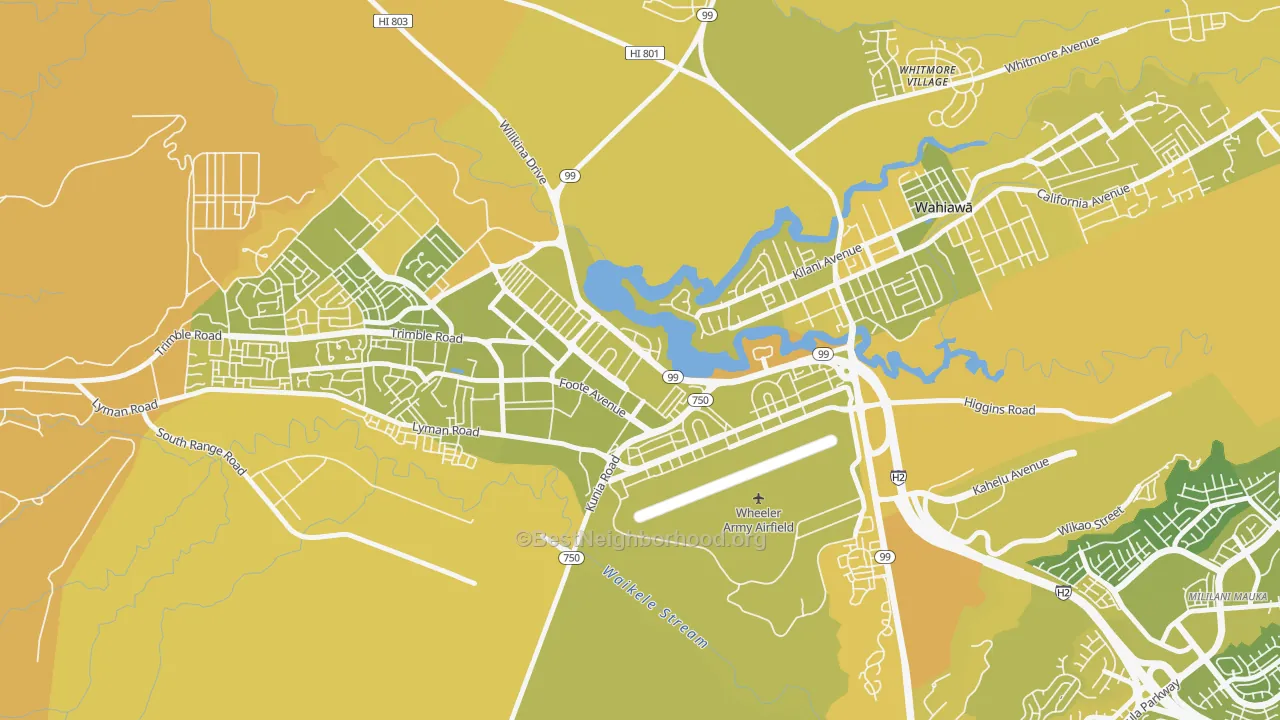 Map of the best neighborhoods in the Schofield Barracks area, with better matches in green and worse matches in red