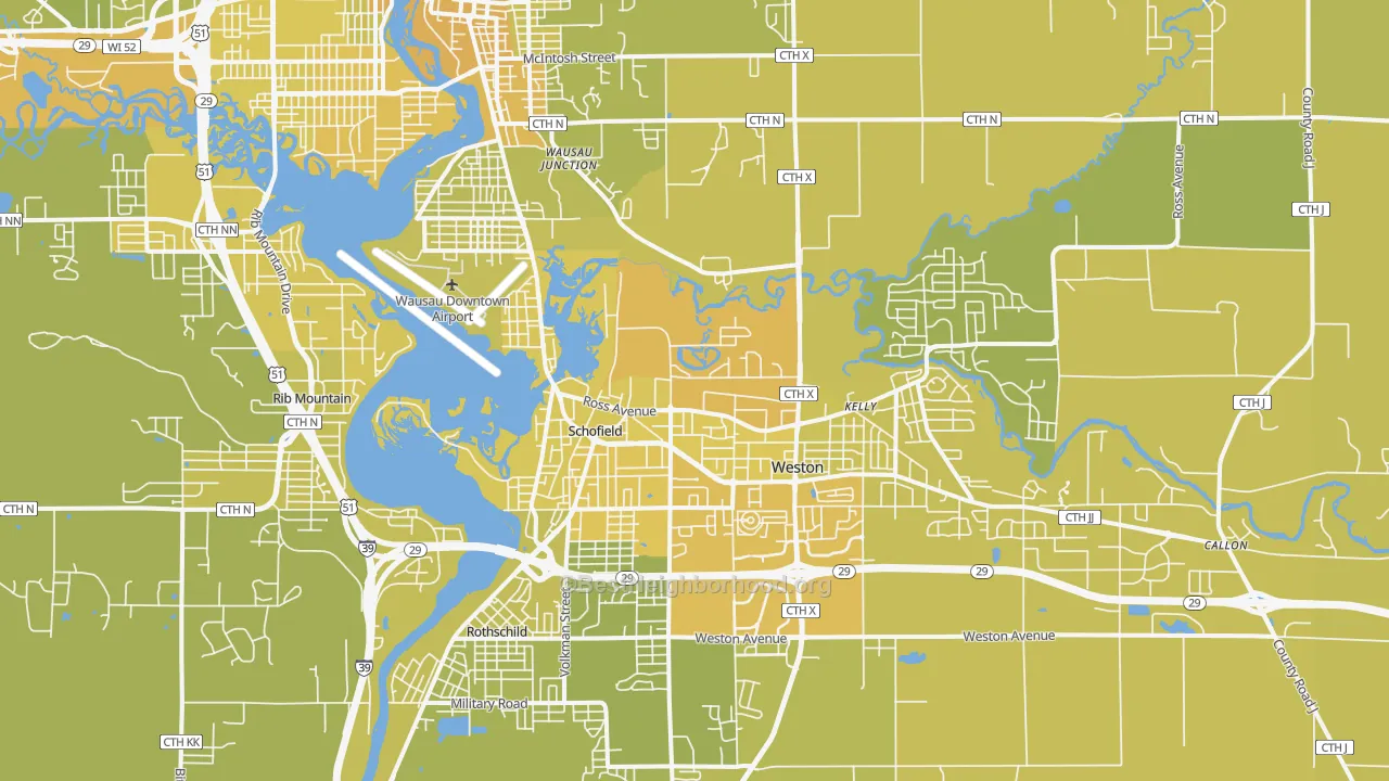 Map of the best neighborhoods in the Schofield area, with better matches in green and worse matches in red