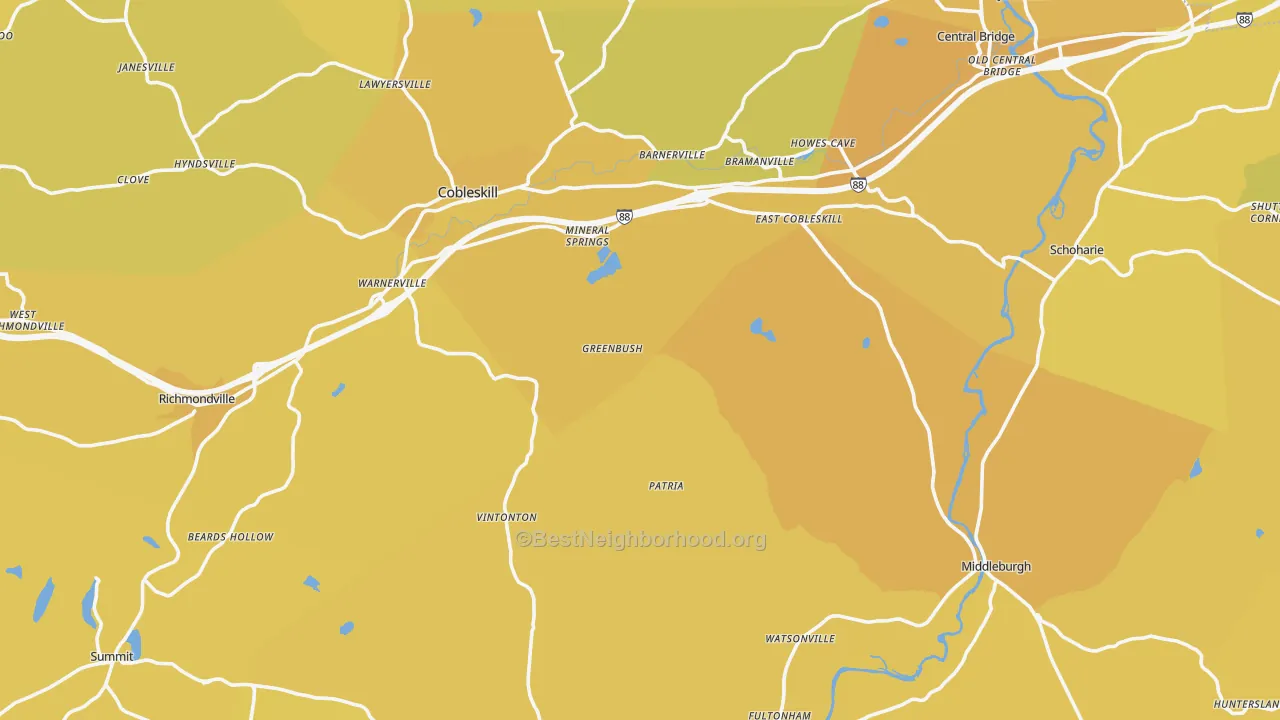 Map of the best neighborhoods in the Schoharie County area, with better matches in green and worse matches in red
