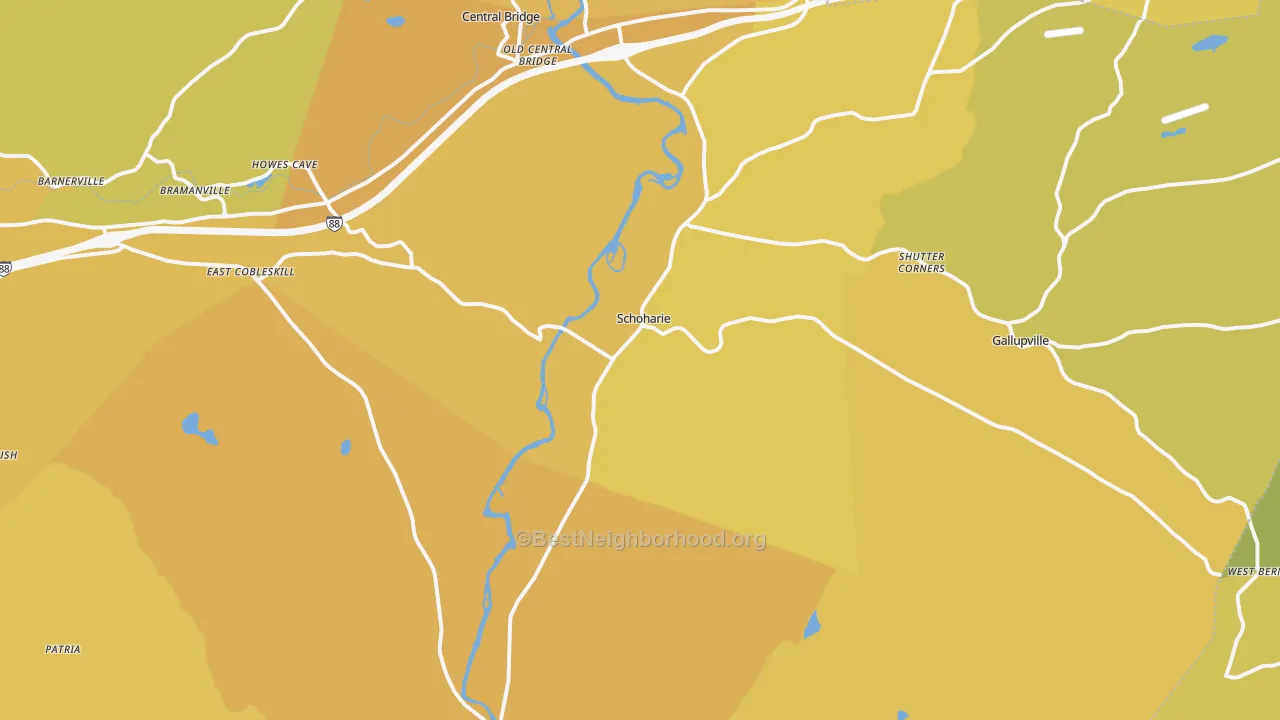Map of the best neighborhoods in the Schoharie area, with better matches in green and worse matches in red