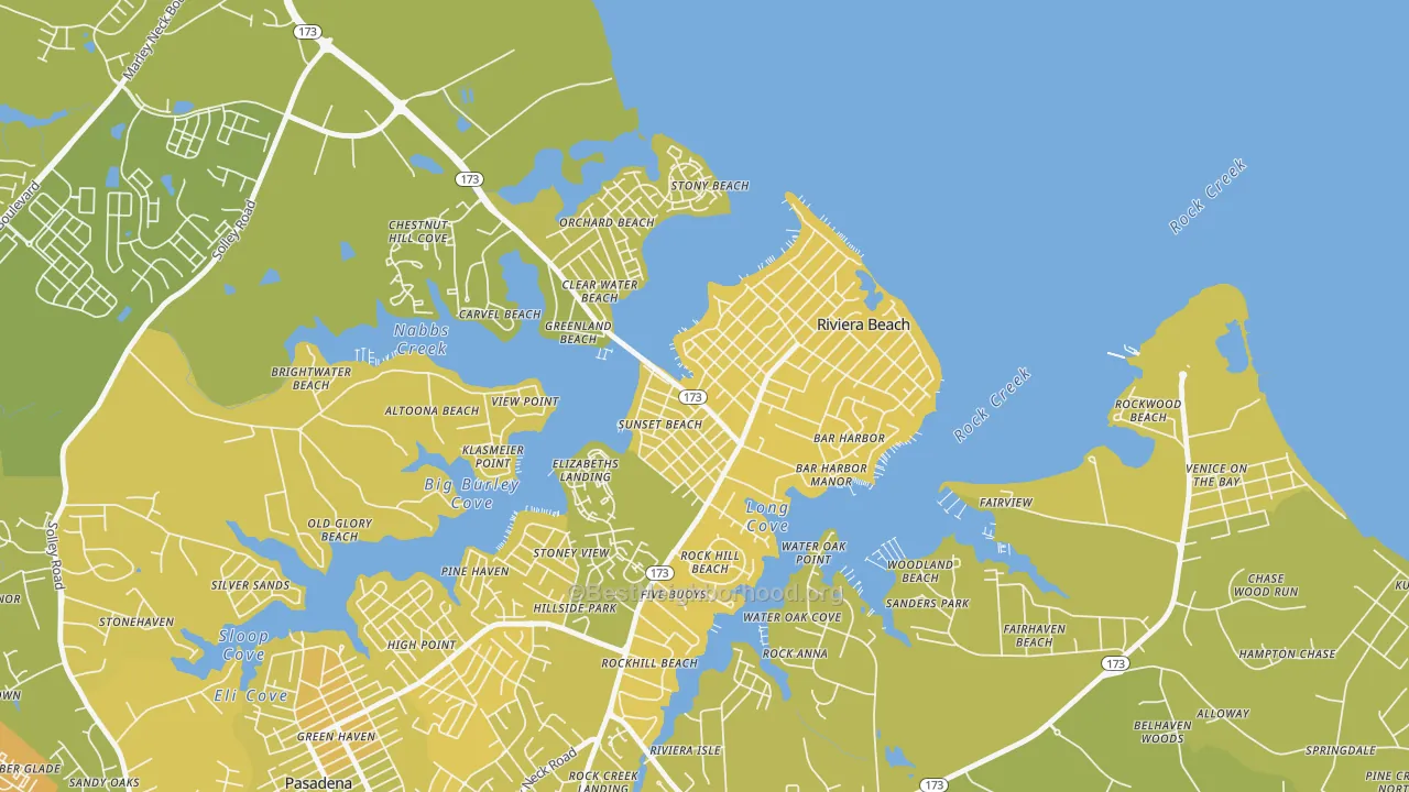 Map of the best neighborhoods in the School Gardens, Riviera Beach area, with better matches in green and worse matches in red