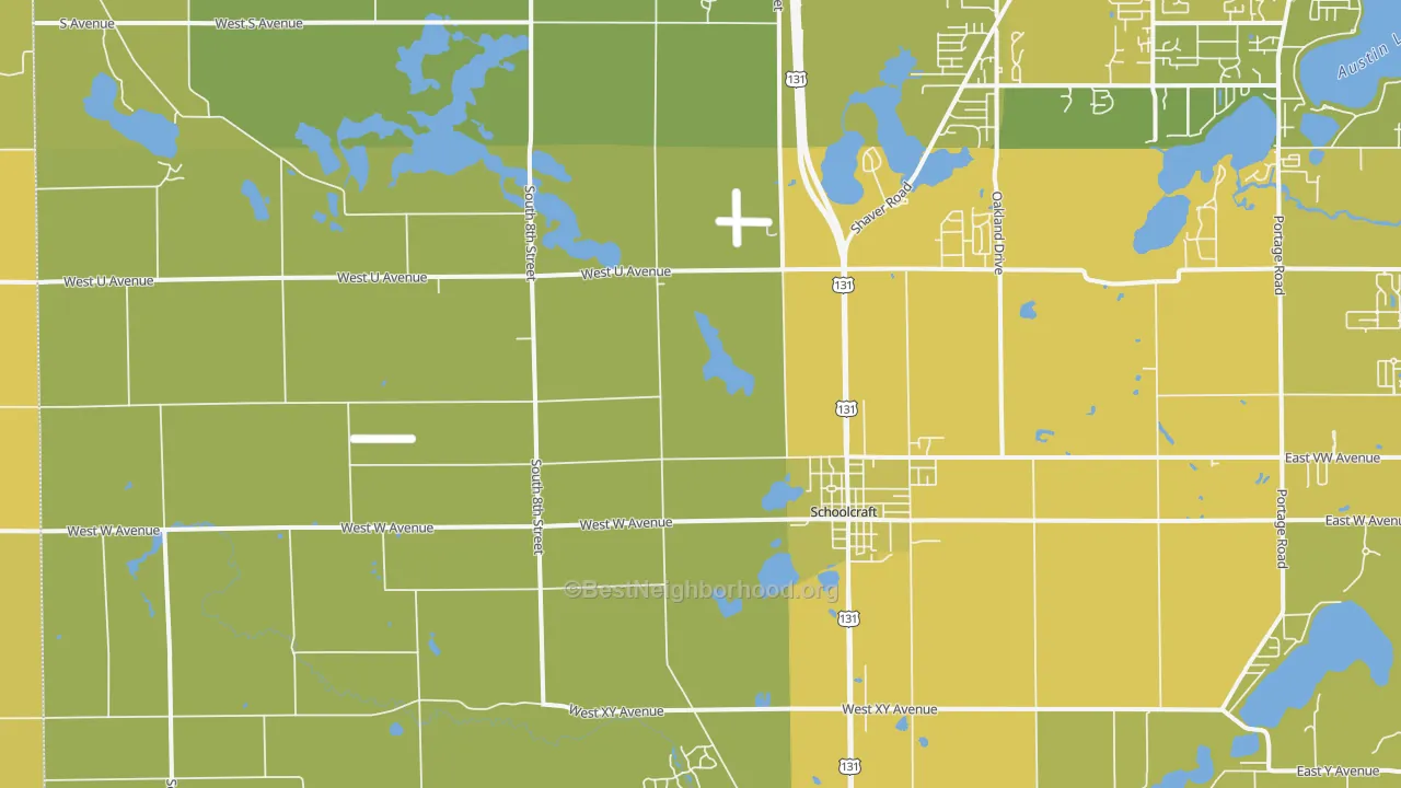 Map of the best neighborhoods in the Schoolcraft area, with better matches in green and worse matches in red
