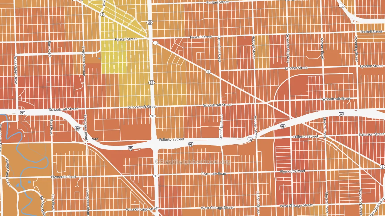 Map of the best neighborhoods in the Schoolcraft Southfield, Detroit area, with better matches in green and worse matches in red