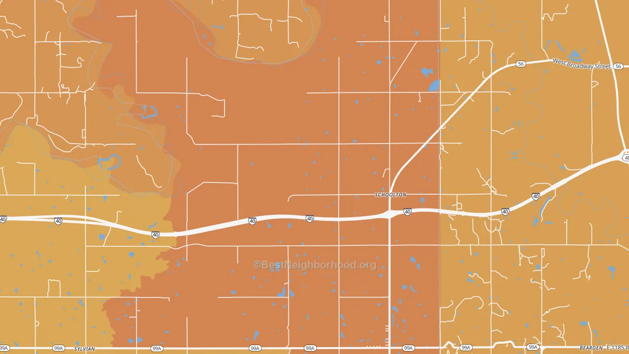 Map of the best neighborhoods in the Schoolton area, with better matches in green and worse matches in red