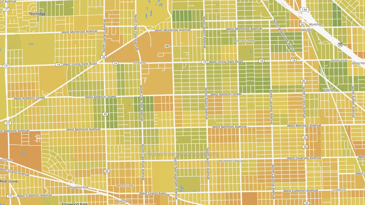 Map of the best neighborhoods in the Schorsch, Chicago area, with better matches in green and worse matches in red