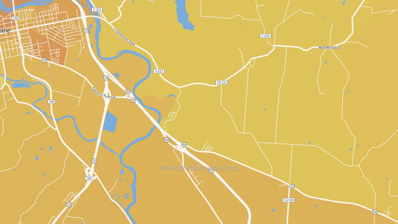 Map of the best neighborhoods in the Schrader area, with better matches in green and worse matches in red