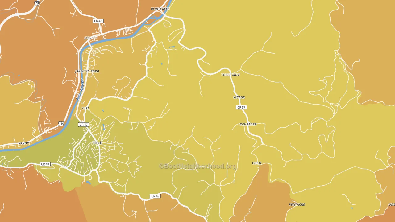 Map of the best neighborhoods in the Schrader area, with better matches in green and worse matches in red