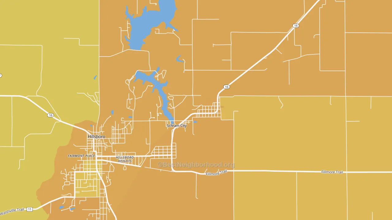 Map of the best neighborhoods in the Schram City area, with better matches in green and worse matches in red