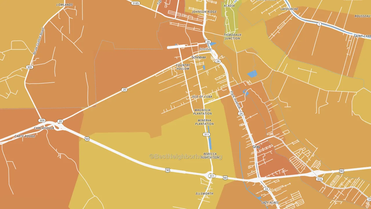 Map of the best neighborhoods in the Schriever area, with better matches in green and worse matches in red