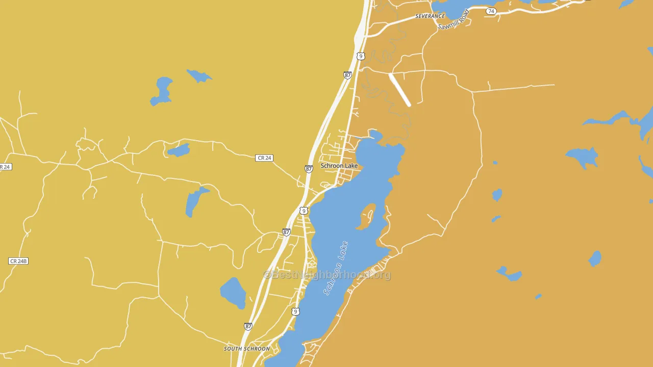 Map of the best neighborhoods in the Schroon Lake area, with better matches in green and worse matches in red