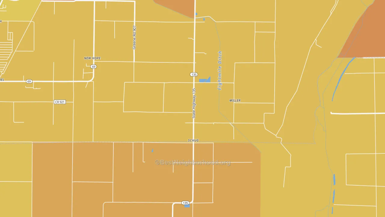 Map of the best neighborhoods in the Schug area, with better matches in green and worse matches in red