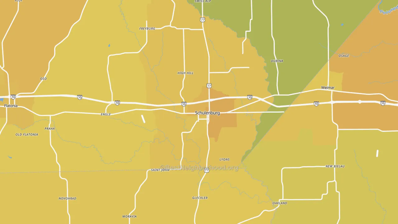 Map of the best neighborhoods in the Schulenburg area, with better matches in green and worse matches in red