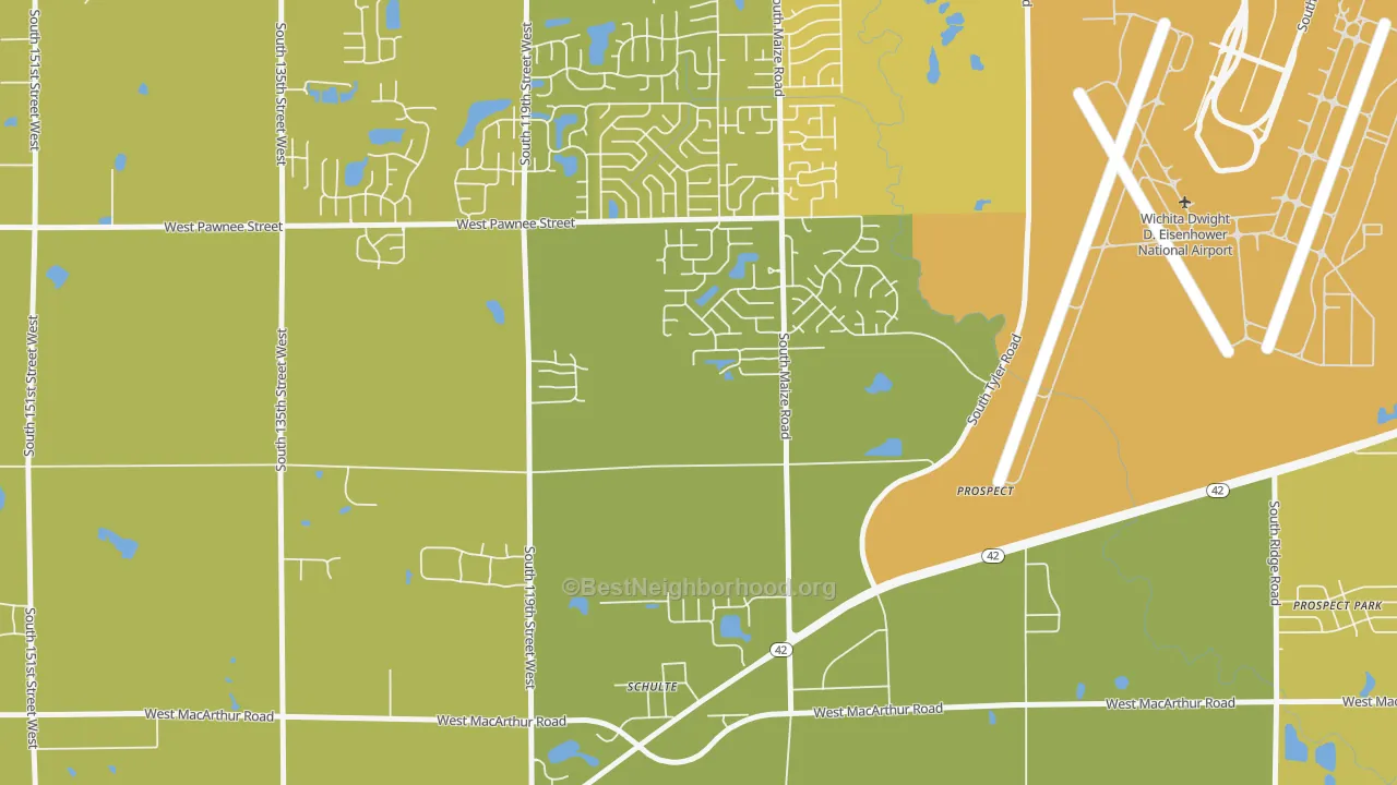 Map of the best neighborhoods in the Schulte area, with better matches in green and worse matches in red