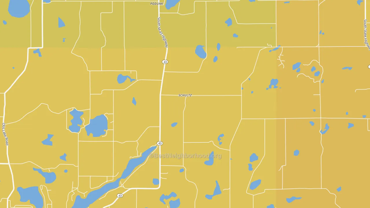 Map of the best neighborhoods in the Schultz area, with better matches in green and worse matches in red