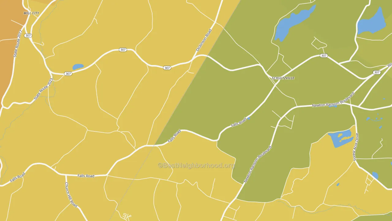 Map of the best neighborhoods in the Schultzville area, with better matches in green and worse matches in red