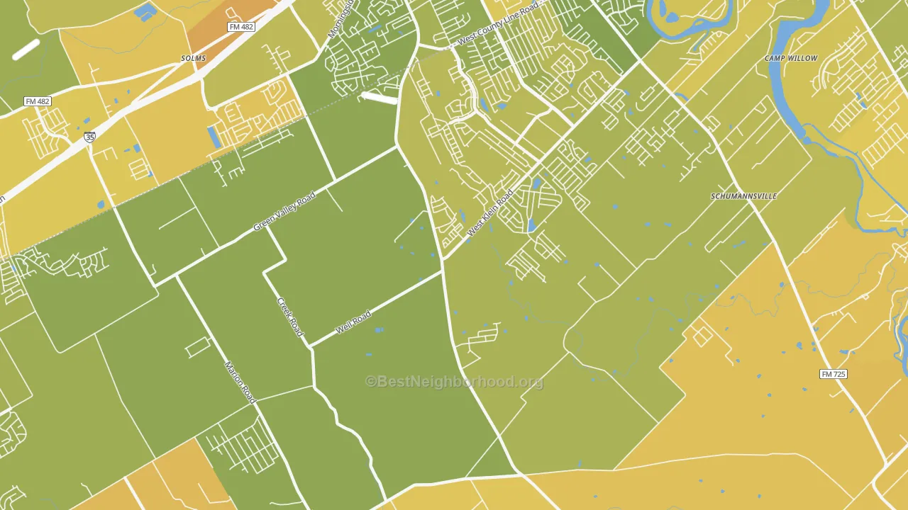 Map of the best neighborhoods in the Schumannsville area, with better matches in green and worse matches in red