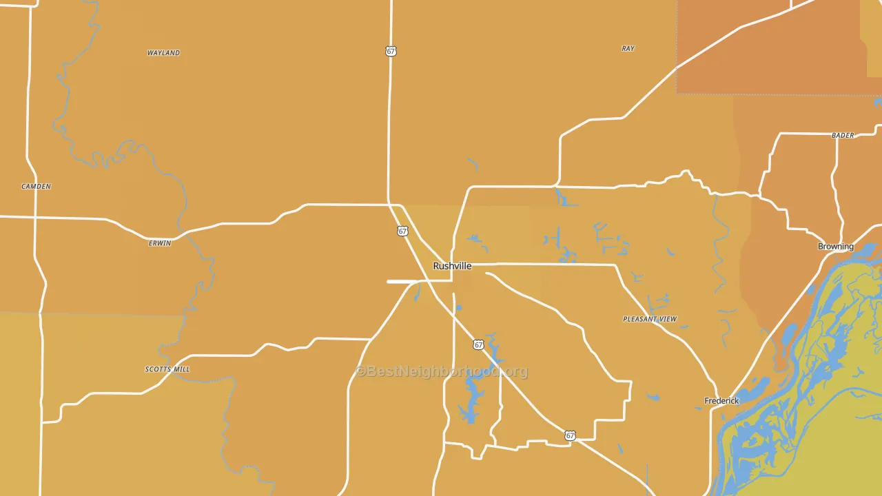 Map of the best neighborhoods in the Schuyler County area, with better matches in green and worse matches in red