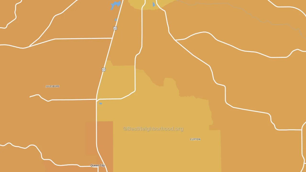 Map of the best neighborhoods in the Schuyler County area, with better matches in green and worse matches in red