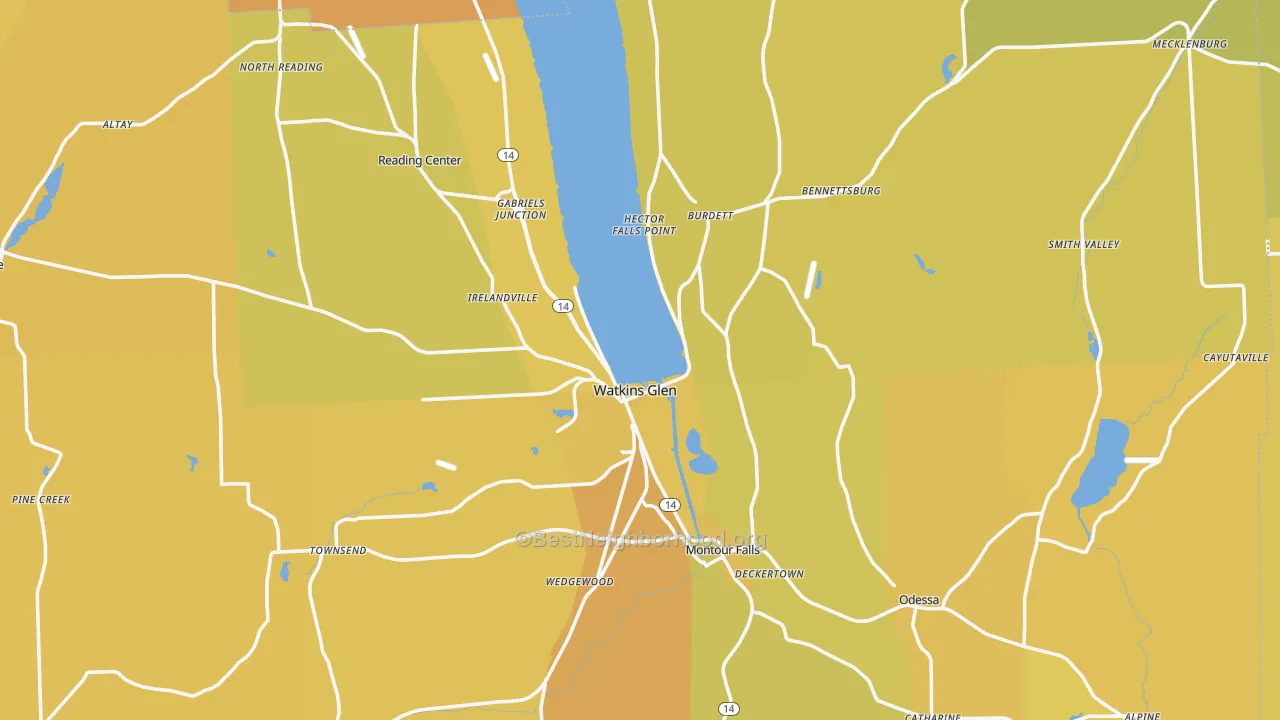 Map of the best neighborhoods in the Schuyler County area, with better matches in green and worse matches in red