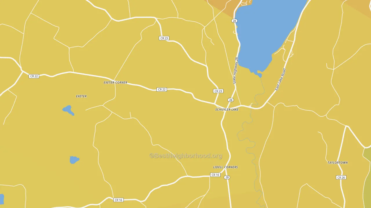 Map of the best neighborhoods in the Schuyler Lake area, with better matches in green and worse matches in red
