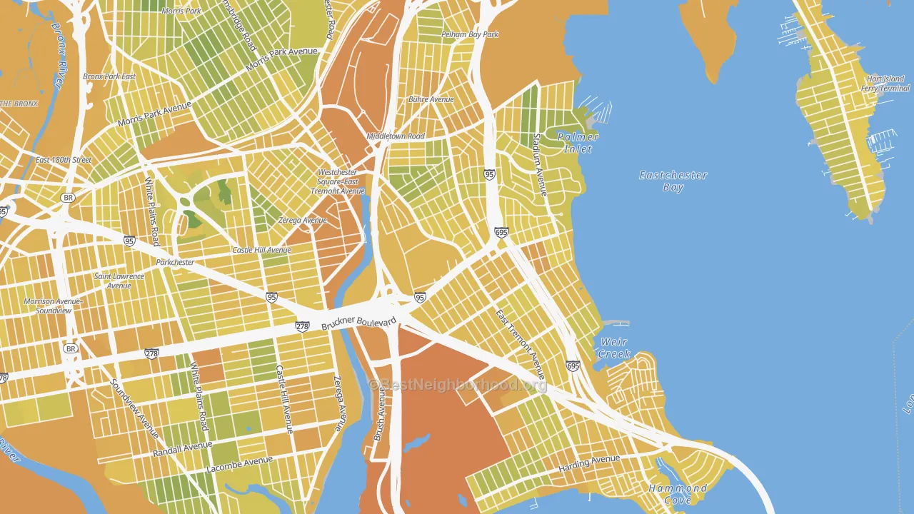 Map of the best neighborhoods in the Schuylerville, Bronx area, with better matches in green and worse matches in red
