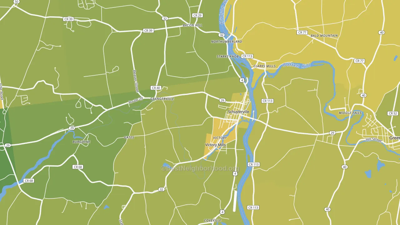 Map of the best neighborhoods in the Schuylerville area, with better matches in green and worse matches in red