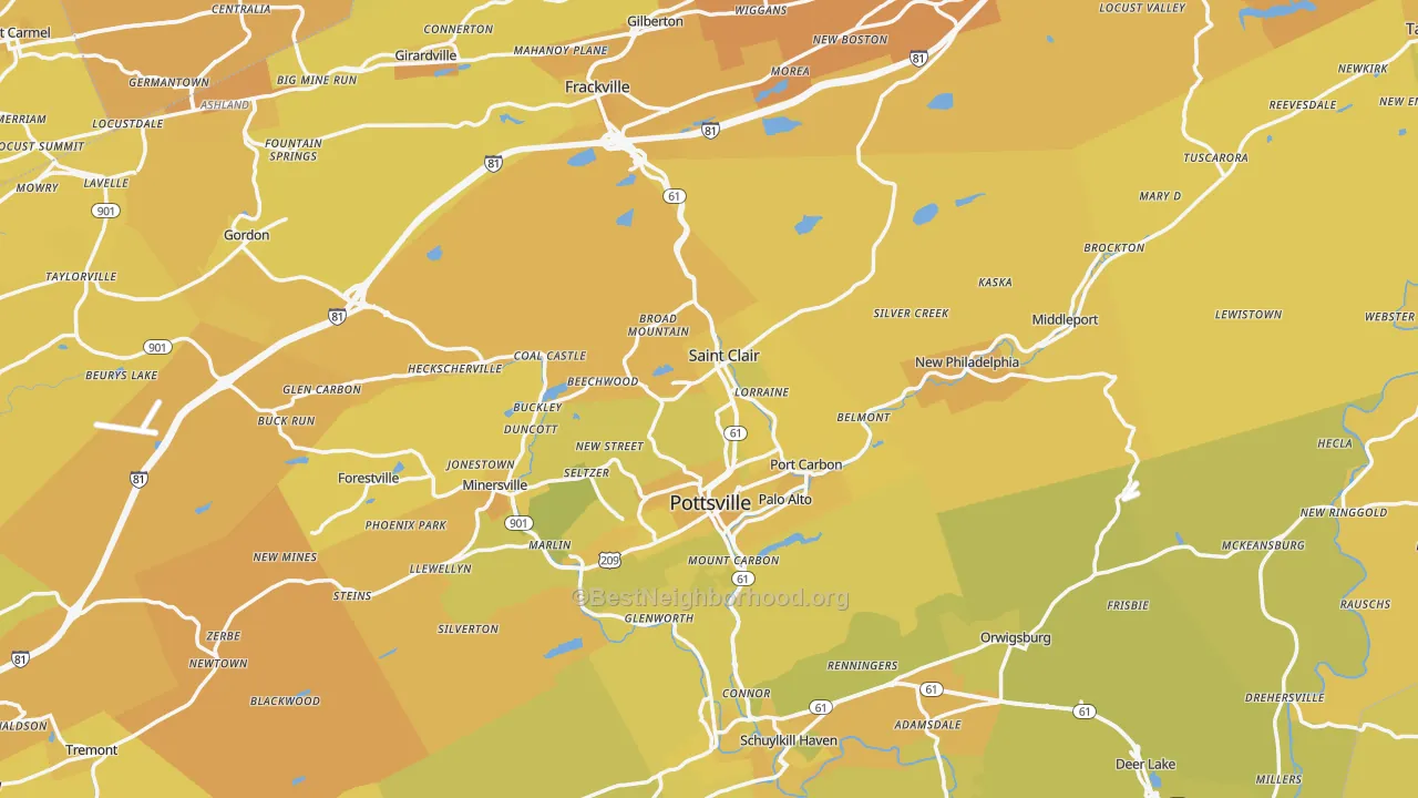 Map of the best neighborhoods in the Schuylkill County area, with better matches in green and worse matches in red