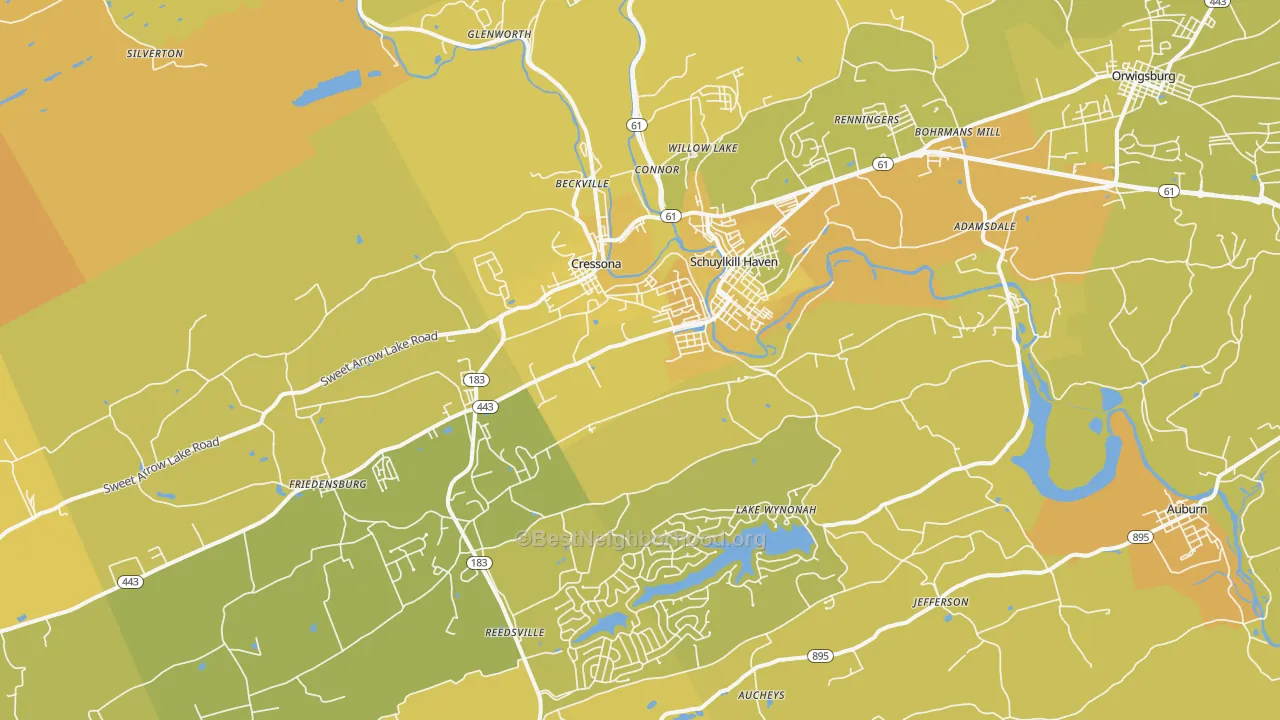Map of the best neighborhoods in the Schuylkill Haven area, with better matches in green and worse matches in red