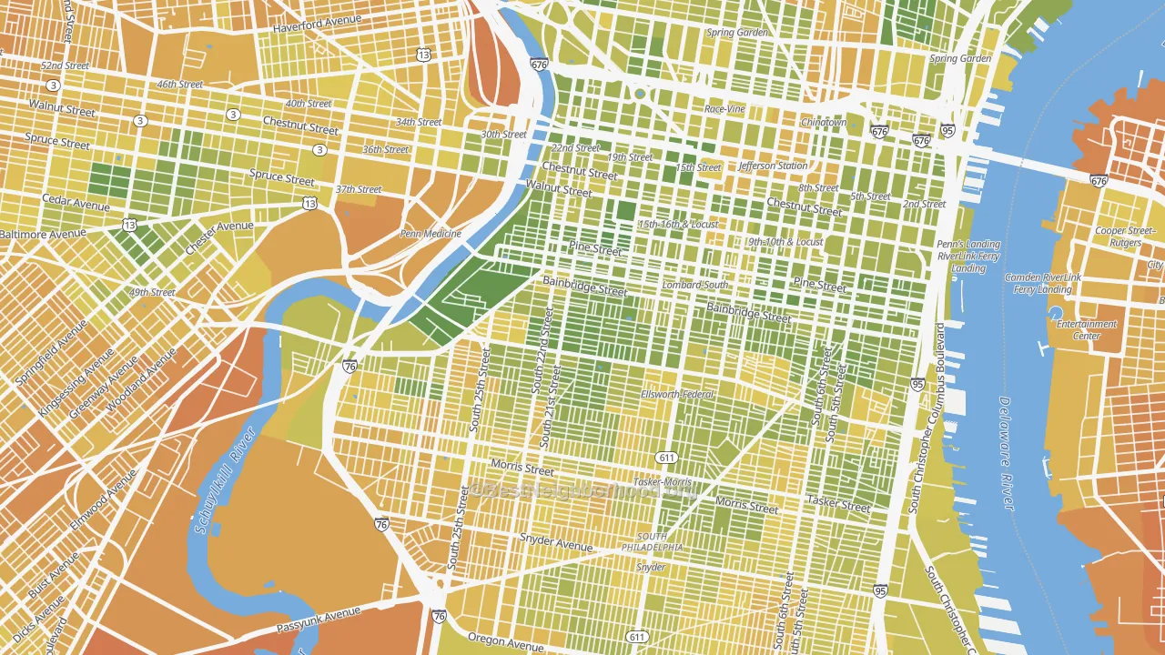 Map of the best neighborhoods in the Schuylkill Southwest, Philadelphia area, with better matches in green and worse matches in red