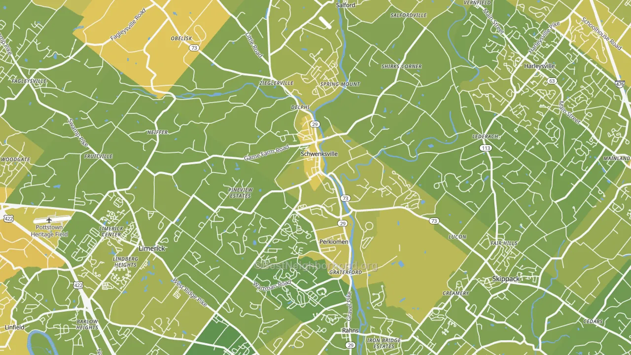 Map of the best neighborhoods in the Schwenksville area, with better matches in green and worse matches in red
