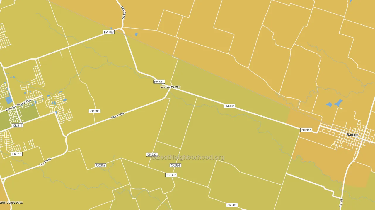 Map of the best neighborhoods in the Schwertner area, with better matches in green and worse matches in red