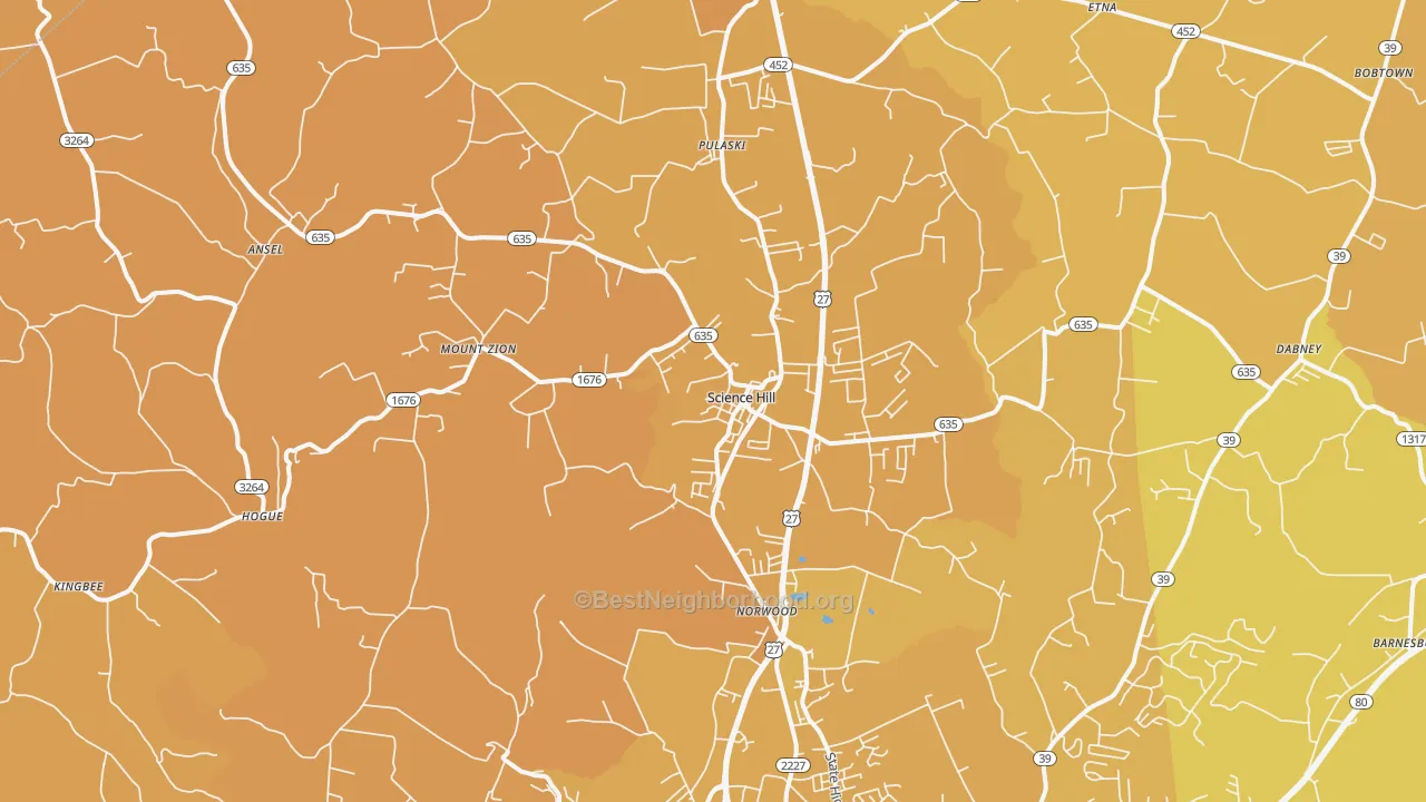 Map of the best neighborhoods in the Science Hill area, with better matches in green and worse matches in red